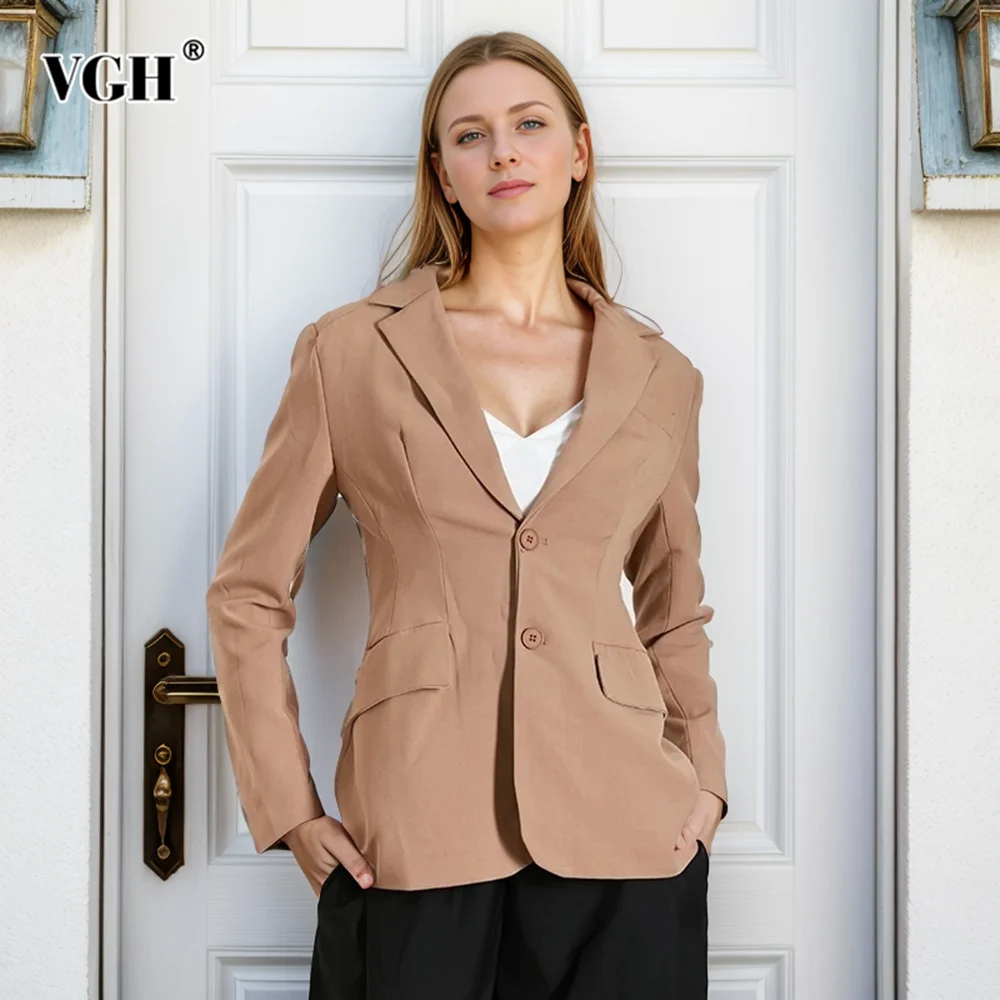 

VGH Solid Patchwork Pockets Casual Pockets For Women Notched Collar Long Sleeve Spliced Button Minimalsit Slimming Blazer Female