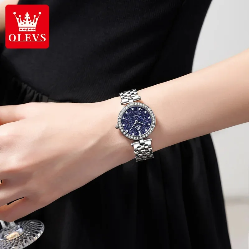 OLEVS 3641 Elegant Ladies Quartz Watch with Luminous Diamond Bezel Starry Dial Waterproof Bracelet Set - Women's Gift
