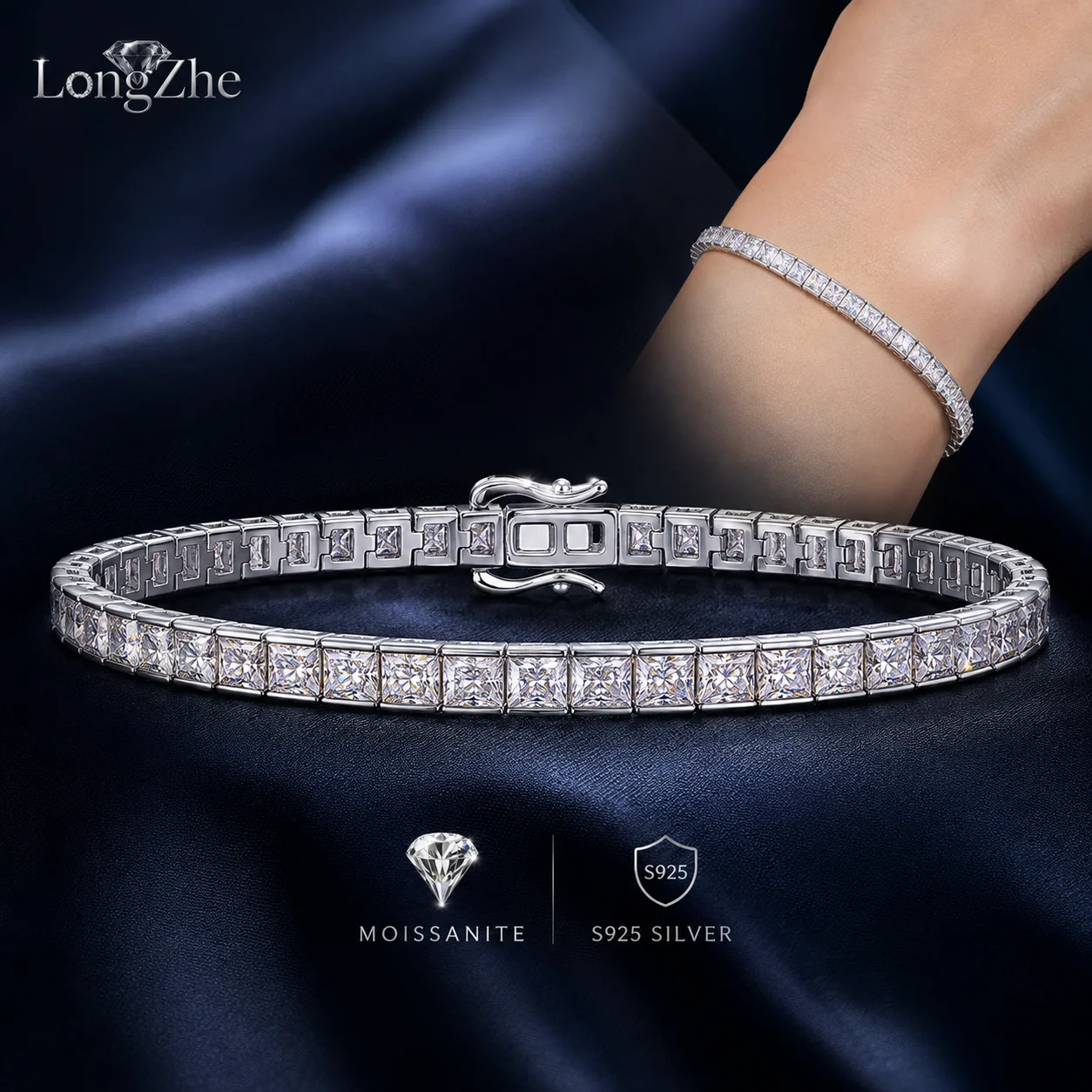 3x3mm Square Cut Moissanite Tennis Bracelet for Women S925 Sterling Silver D Color VVS1 Wedding Anniversary Gift GRA Certified