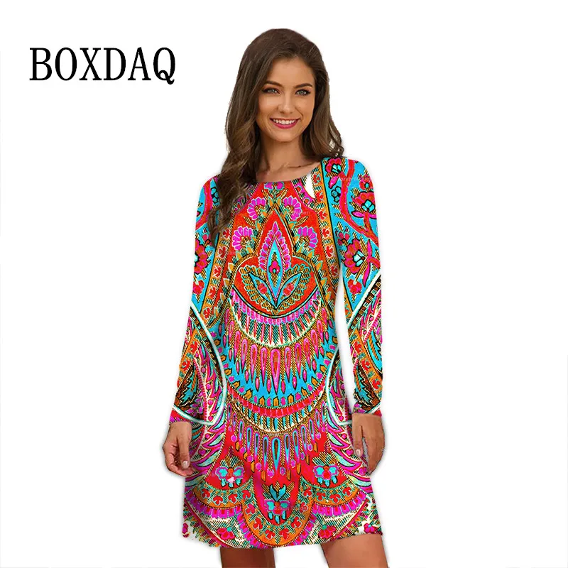 2023 Autumn Winter Dresses Women Boho Pattern Print Vintage Dress Long Sleeve Oversized Clothing Loose Casual O-Neck Mini Dress