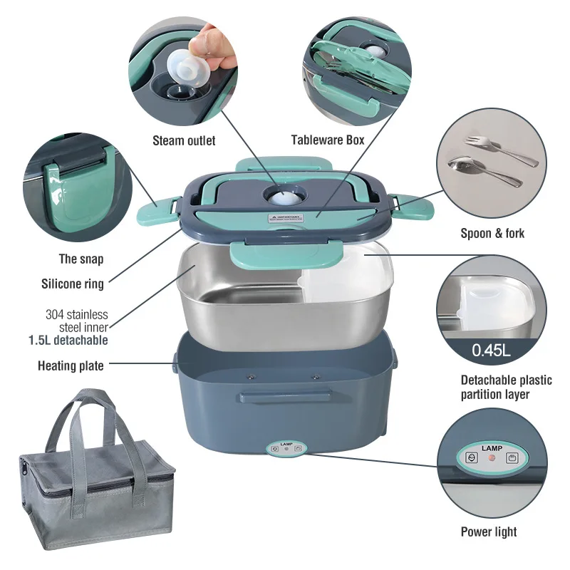 1.5L Portable Electric Heating Stainless Steel Liner Lunch Box Food Container 5-in-1 Use Home and car dual-use insulated heated