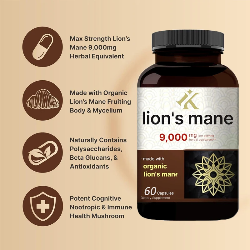 

Lion Mane Mushroom Supplement Capsules Organic Lion Mane Powder Extract Cognitive Brain Intelligence and Immune Health