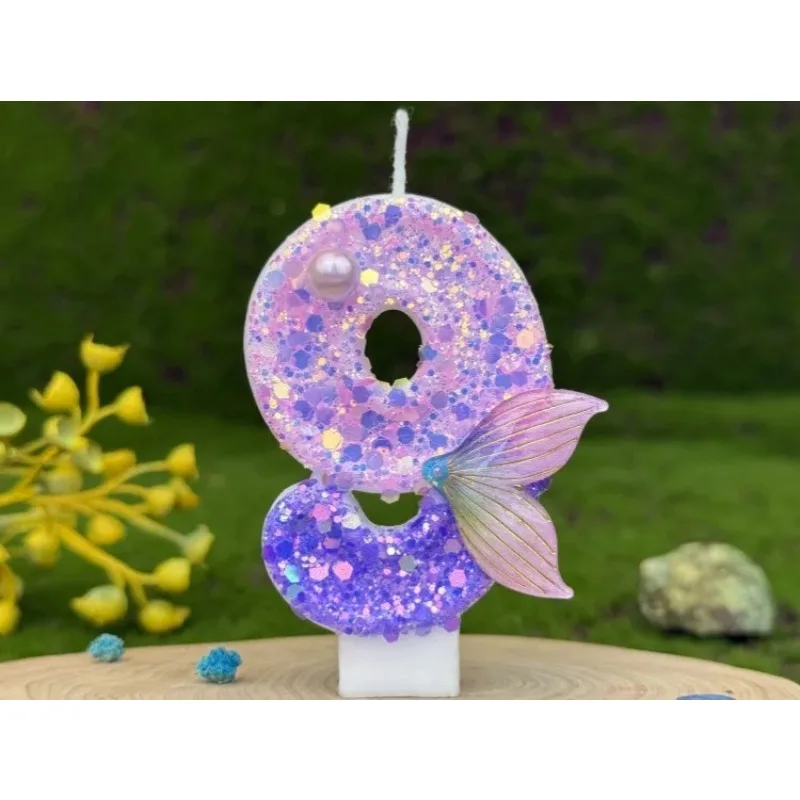 Glitter Purple Gradient Mermaid Tail Number Candles 0-9, Pearl Decor Birthday Cake Candle for Girls Birthday Party Decor view 3