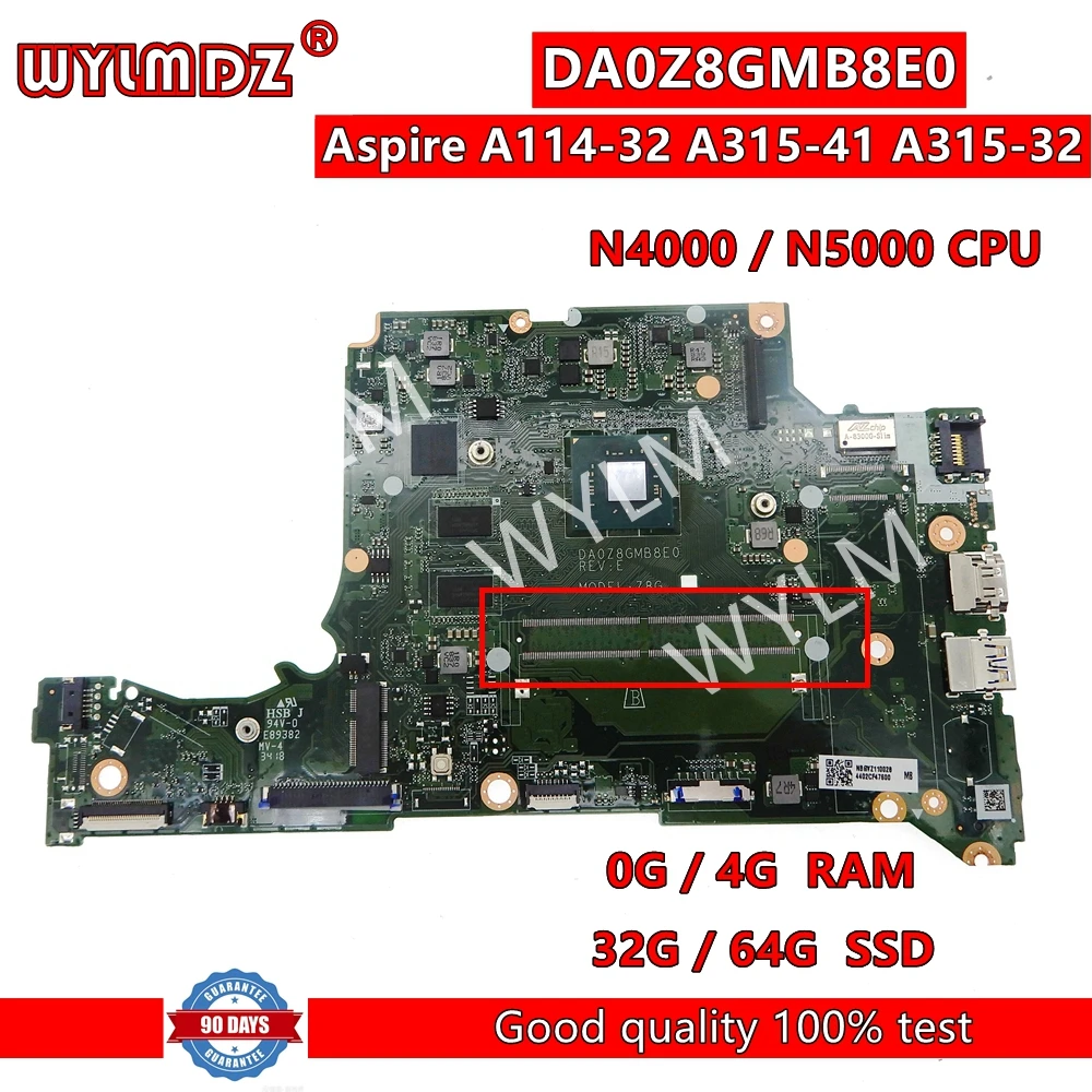 DA0Z8GMB8E0 With N4000/N5000 CPU 4GB-RAM Laptop Motherboard For Acer Aspire A114-32 A314-32 A315-32 Notebook Mainboard