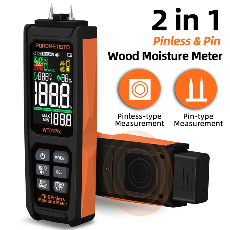 POROMETISTO WT01Pro Wood Moisture Meter,2 in 1 Pin & Pinless Moisture Tester,Digital Humidity Detector Non-contact Timber Damp