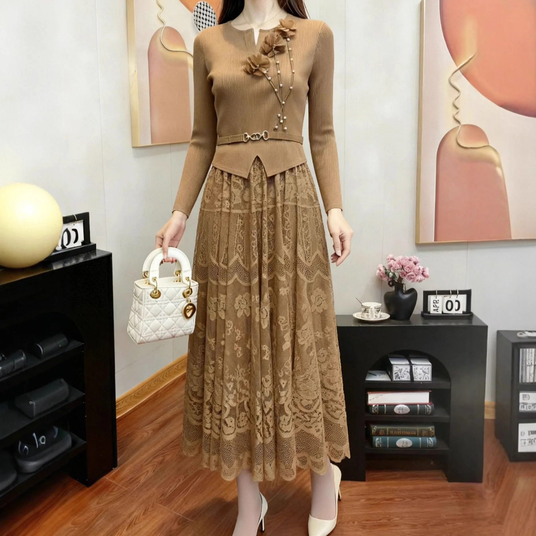 

Miyake Pleated Dresses Pleats 2025 Fall New Plus Size Plisse Dress Beaded Waist Thin Lace Splicing Pressed Wrinkled Long Skirt