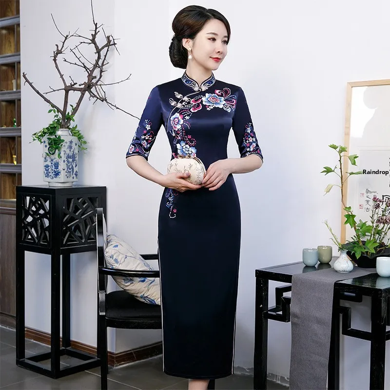 

Ele Long Blue Slim Fit Dr anghai Sle Embroidered Stand Collar Women's High-End Evening Gown Polyester Fiber