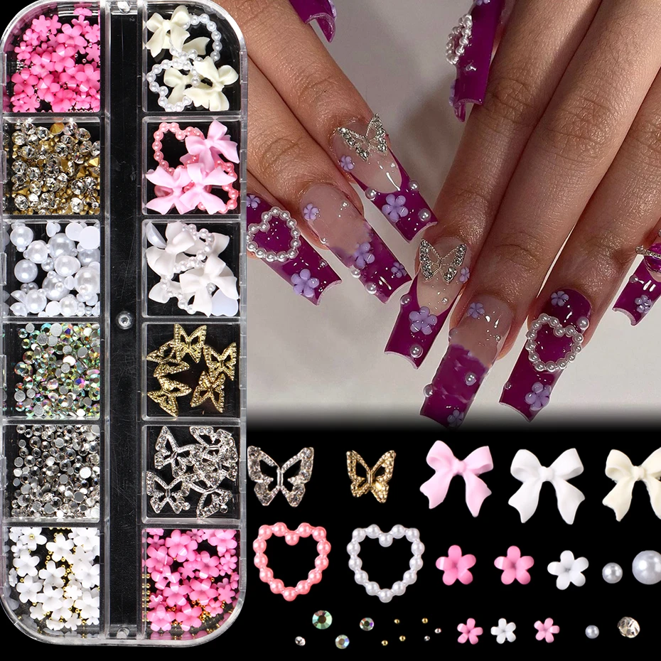 ชุดอุปกรณ์ตกแต่งเล็บ 3 มิติ 12 ช่อง ลายผีเสื้อหลากสีสไตล์ Y2K |   ดอกไม้ |   โบว์ |   การออกแบบตกแต่งเล็บด้วยเพชรเทียม DIY
