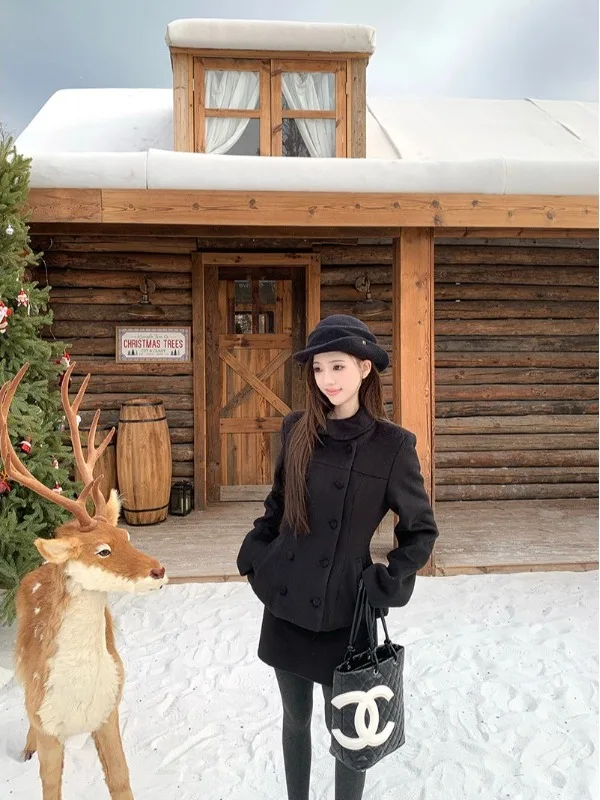   여성용 양모 정장 세트, 더블 버튼 슬림핏, 가을 겨울 패션 의상, 스커트와 재킷 포함