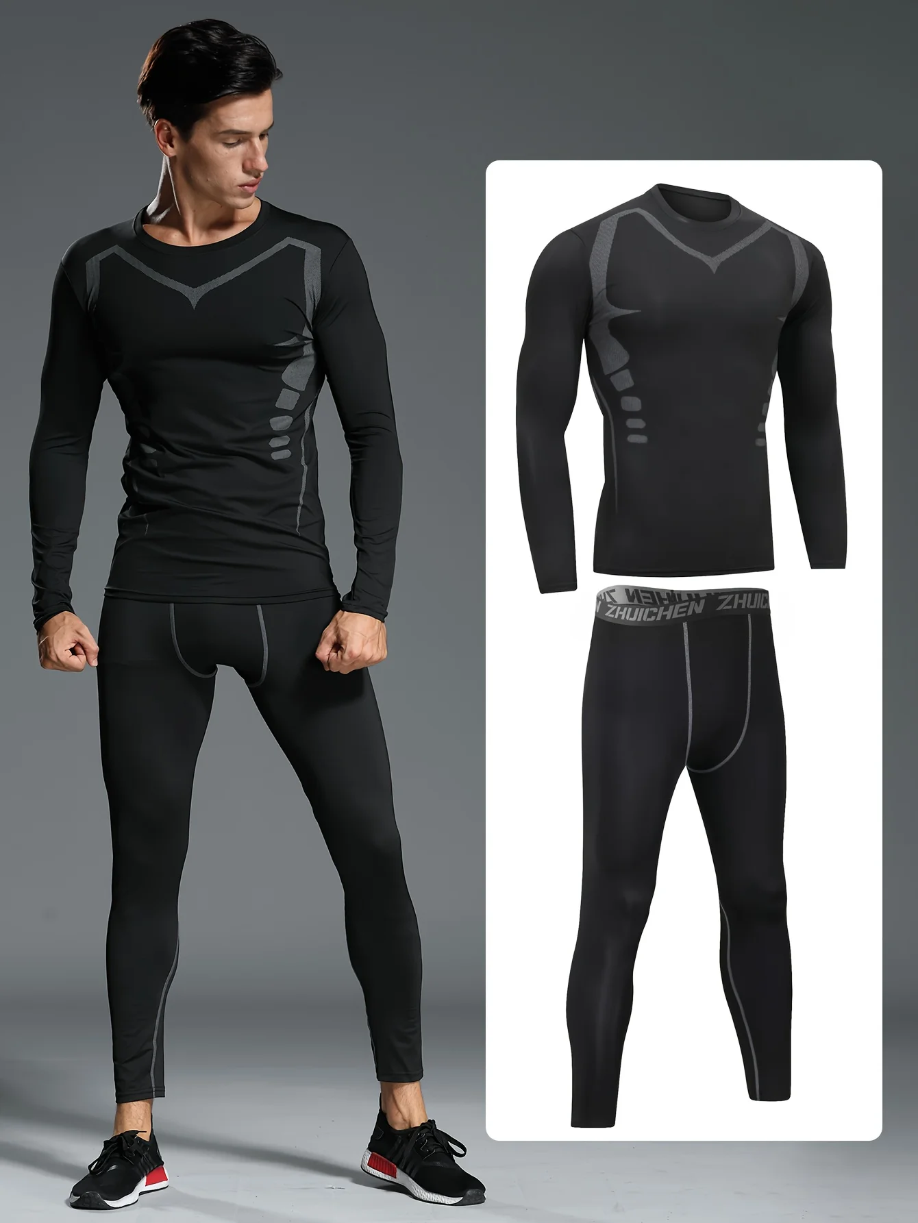 

Мужской быстросохнущий спортивный костюм из 2 предметов: весенне-осенняя облегающая куртка для фитнеса и брюк для бега в утреннем и ночное время