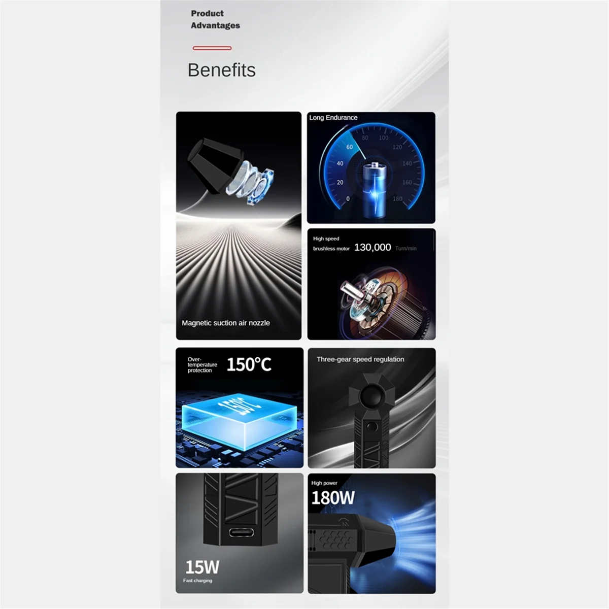 HOT Violent Turbo Fan 130000 RPM Handheld Brushless Motor Three-Speed Adjustment Industrial Duct Fan Violent Blower Gray