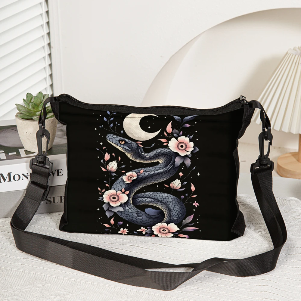 1pc Snake And Moon Floral Print Crossbody Bag Black Shoulder Bags For Women Fashion Artistic Design With Adjustable Strap Perfec