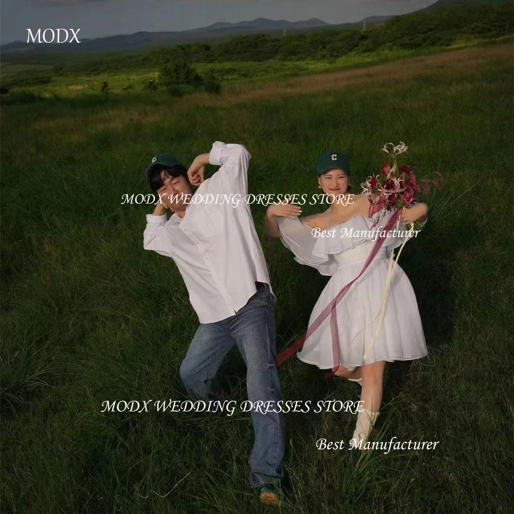 

MODX White Short Elegant Korea Photo shoot Wedding Dress Off the Shoulder Organza Back lace up A-line Knee-Length Bridal Gowns