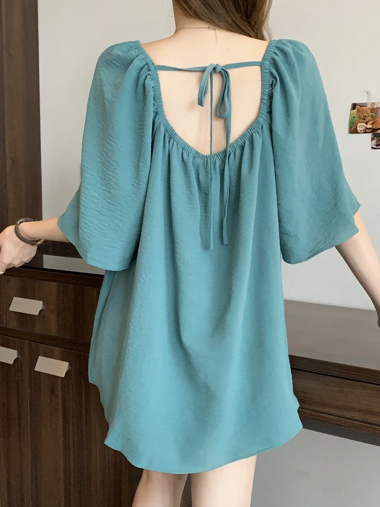 

Loose Summer Shirt for plus Size Women Square Collar Short Sleeve Cover Belly Backless Design Korean Style Bubble Sleeve Top