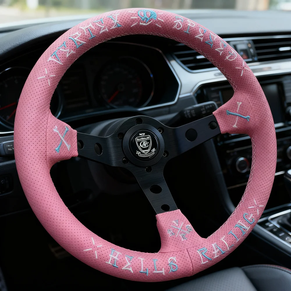 VERTEX JDM Drift King Sport Racing Steering Wheel 320mm Deep Dish 6 Bolt Microfiber Leather Pink Steering Wheel With 5mm Bracket