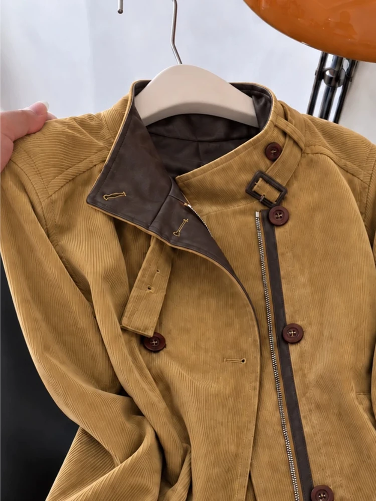 Jacket Women Vintage Stand Collar Short Contrast Turn Back Cuff Belt Cinched Textured Double Breasted Biker Chic Outerwear
