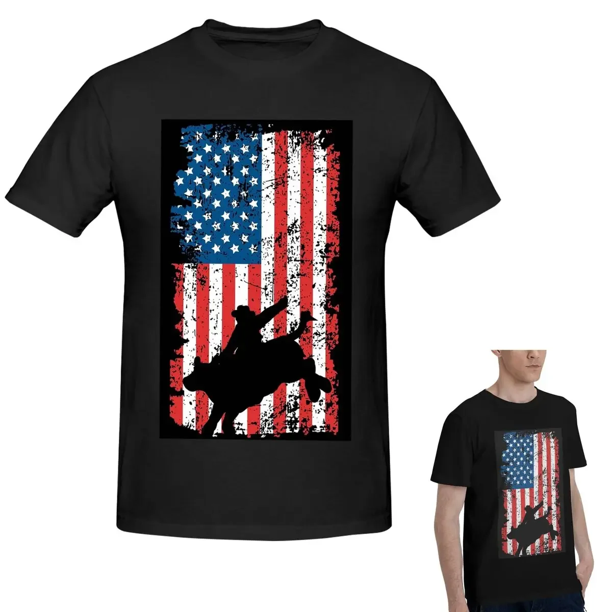 100% Cotton Bull Rider, Rodeo, American Flag T-Shirt Men's Classic Oversized T Shirt Men Crew Neck Summer Shirts Tops S-6XL