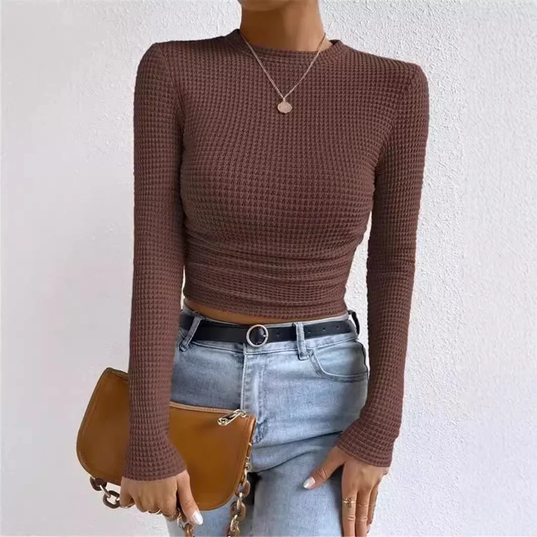 Slim Cropped T-shirt Tops  Women's Round Collar Long Sleeve Waffle Plaid