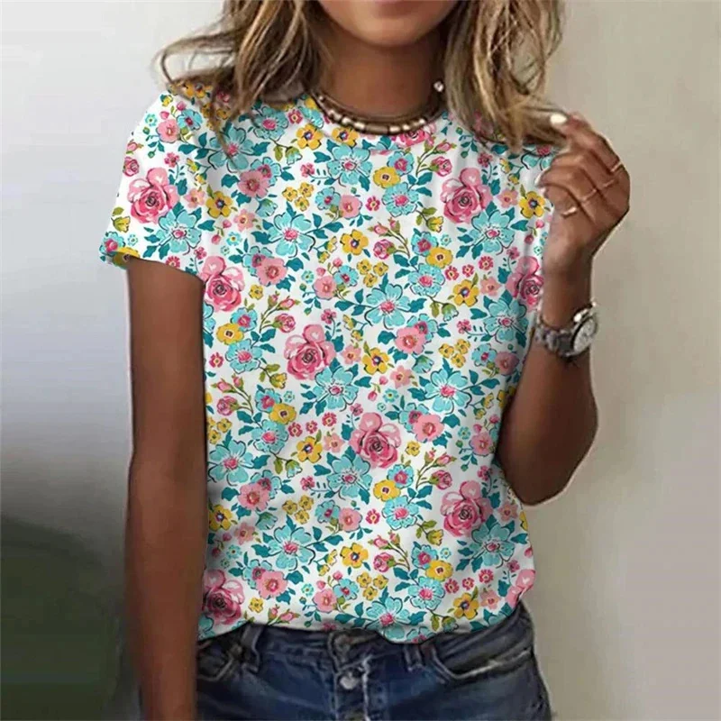 

Fashion 3D Print Flower T Shirt Women Summer Round Neck Short Sleeves Tees Girls Casual Street Harajuku Floral Pattern T-shirt