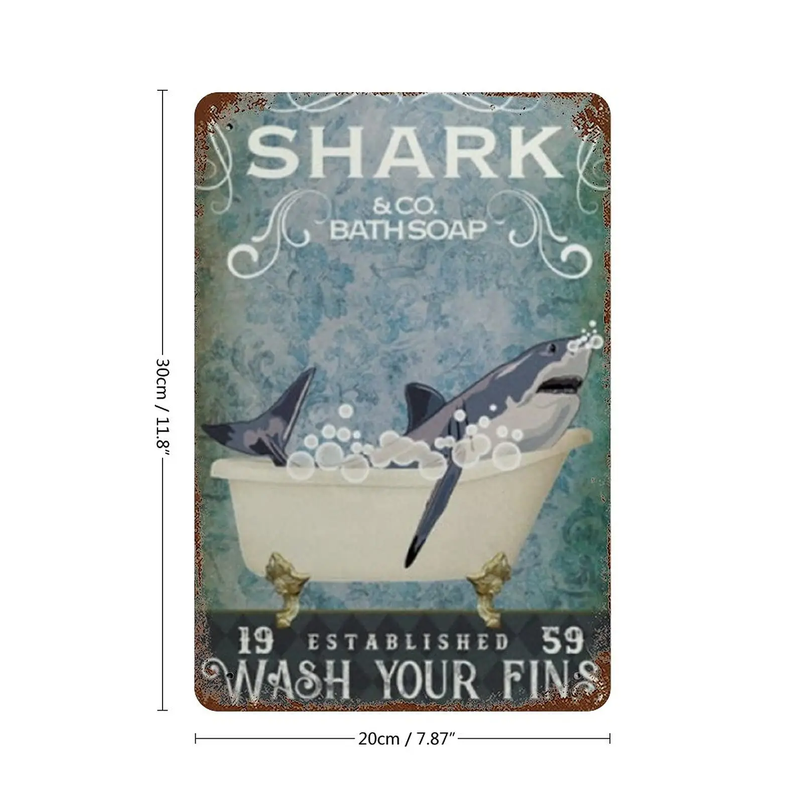 Graman Vintage Tin Sign Shark & Co Bath Soap Wash Your Fins Shark Metal Tin Sign Funny Shark Bath Room Decor Shark Lover Bat