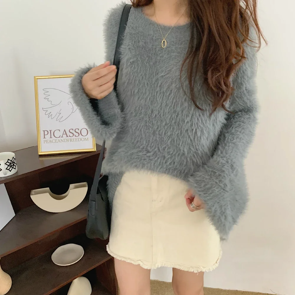 2024 Women Autumn Winter Elegant Khaki Mink Cashmere Sweater Warm Full Sleeve Round Collar Thick Loose Knitted Pullover Jumpers