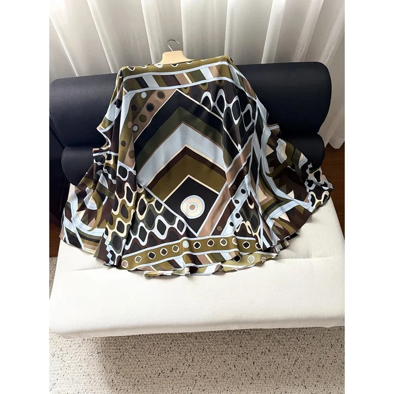 Spring Summer Fashion Daily Casual Vintage Geometric Print Silk Mini Dress Women's O-Neck Batwing Long Sleeve Loose Short Dress