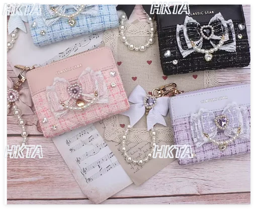 Japanese Style Handmade Wallet Bag Women Girls Sweet Mine Bow Lace Edge Rhinestone Short Wallet Girls Small Bag