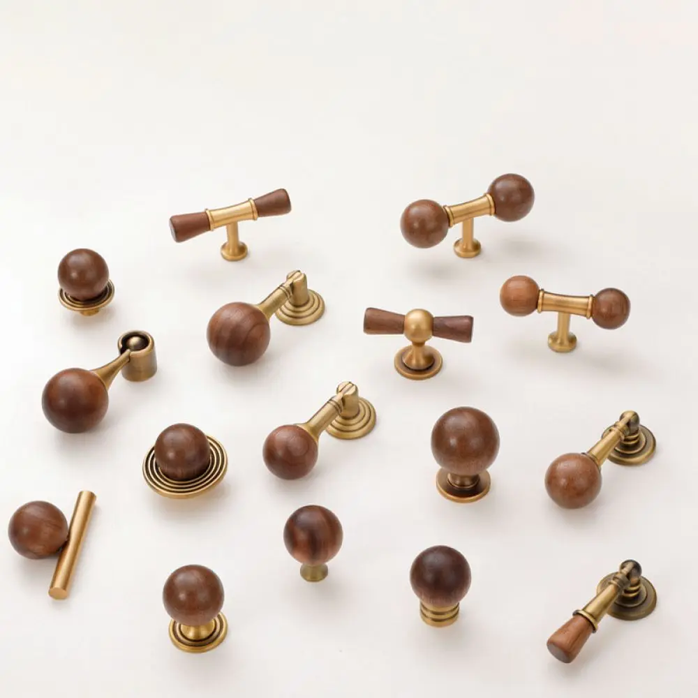 Vintage Style Walnut Wood Brass Cabinet Pulls Decorative Pendant Drawer Knobs Modern Furniture Hardware For Home Decor