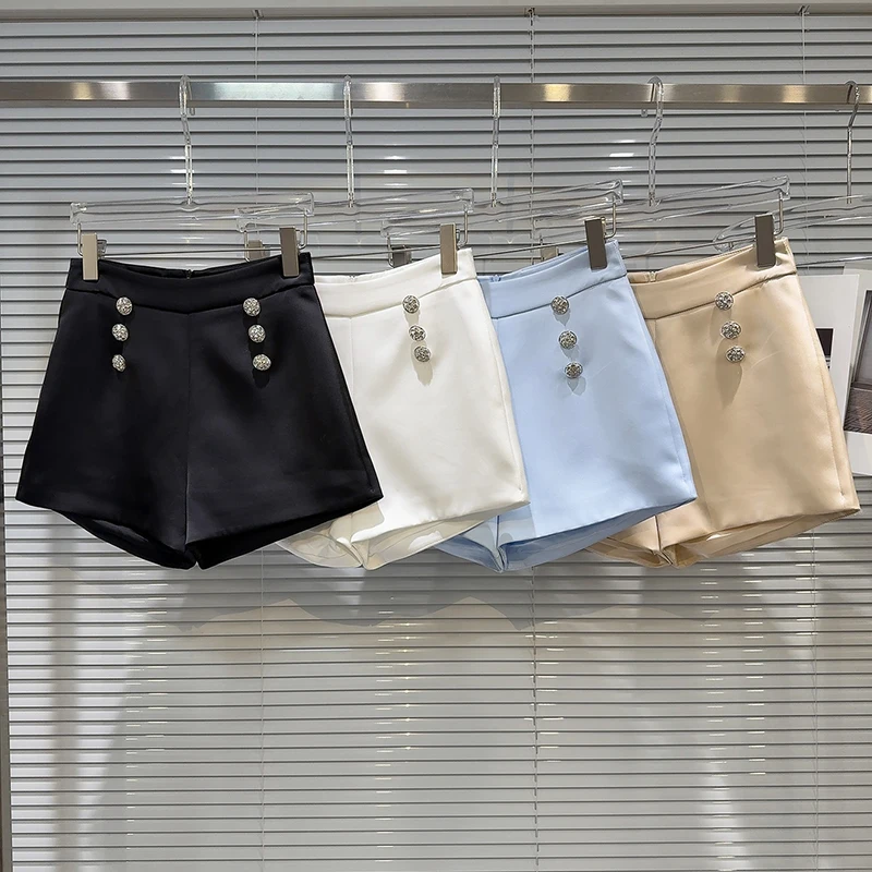 

Women Solid Color Casual Temperament Wide Leg Short Pants Fashion Versatile Diamond Double-breasted Straight Leg Suit Shorts