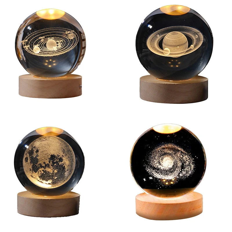 1Set Crystal Color Night Light With Carved Crystal Ball Inside Luminous Ornament Starry Gift With Wooden Base ,Solar System