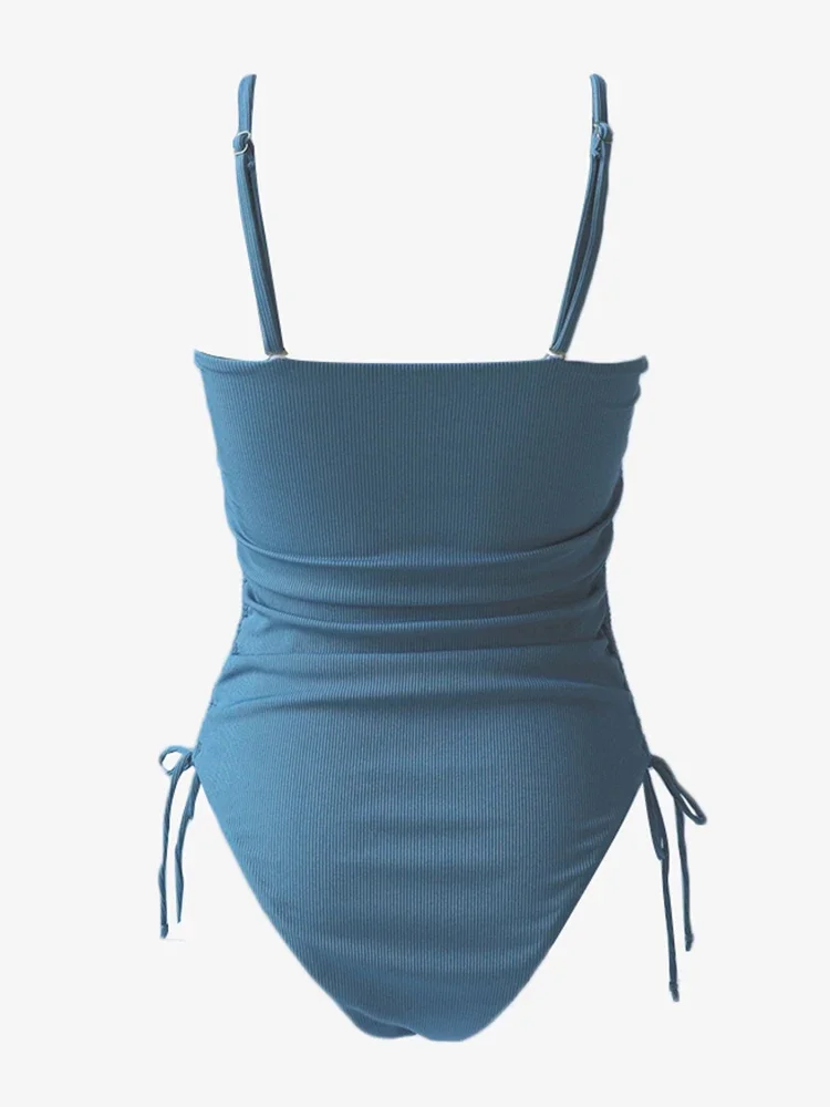 2023 Swimsuit One Piece Sexy High Cut Swimwear Women Ribbed Bathing Suits Summer Beachwear Strap Drawstring