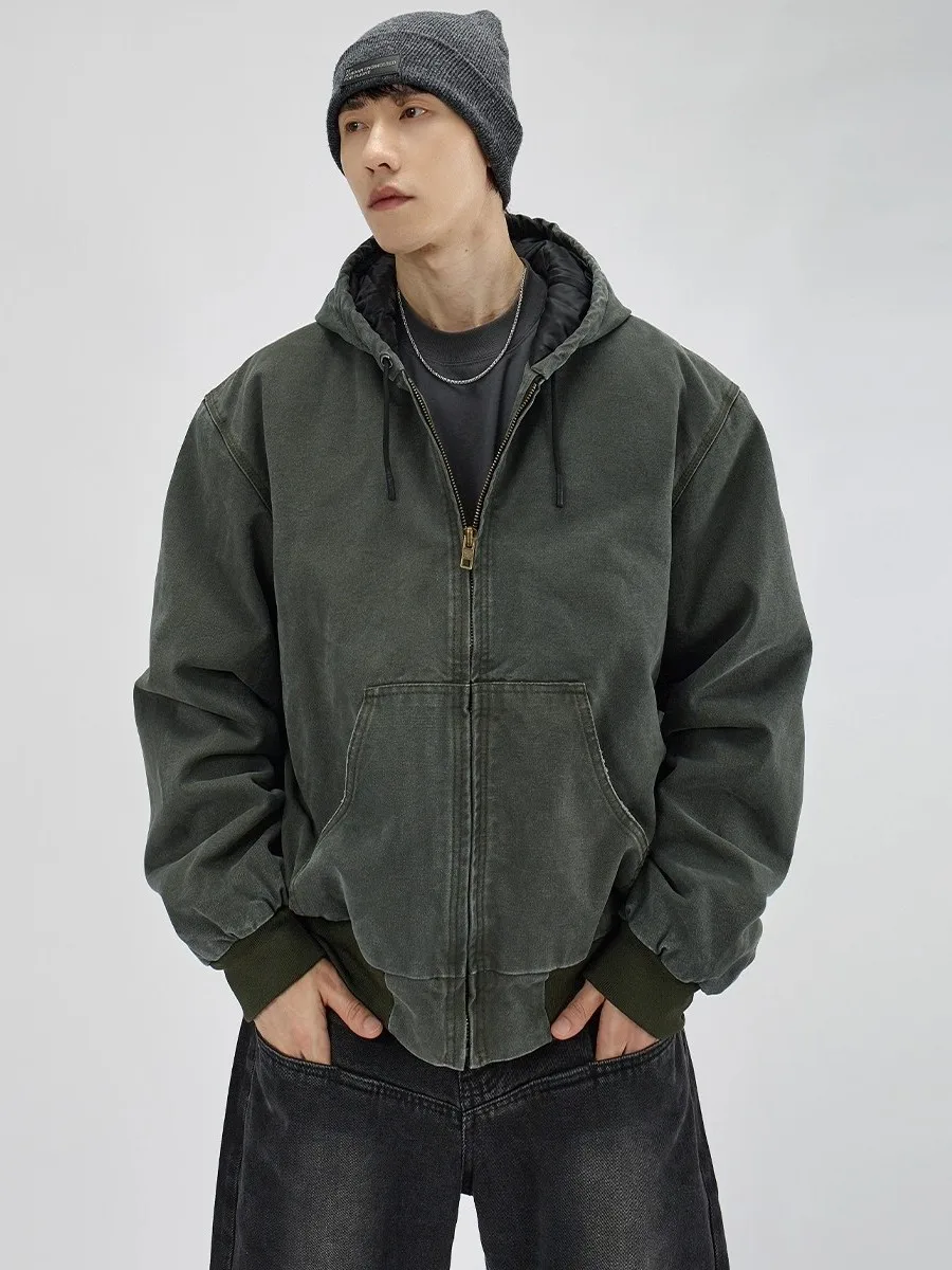 

New Autumn Winter Worn-In Waed Zipper Cotton Jaet Hooded Men's Women's Heavyweight Street Sle Outerwear Casual Coat