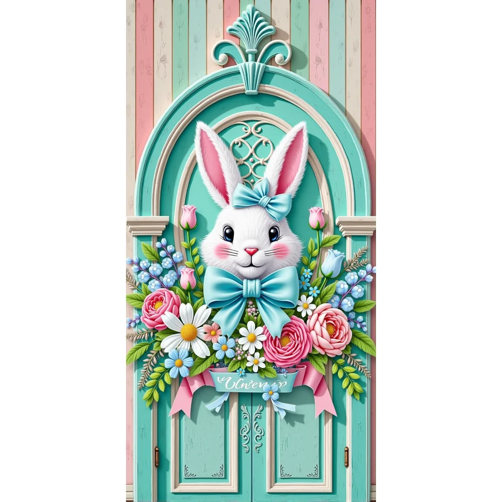 Easter Banner Wreath Rabbit Design Door Decorative Background Hanging Cloth for Easter Party Home Patio Door Decoration Backdrop