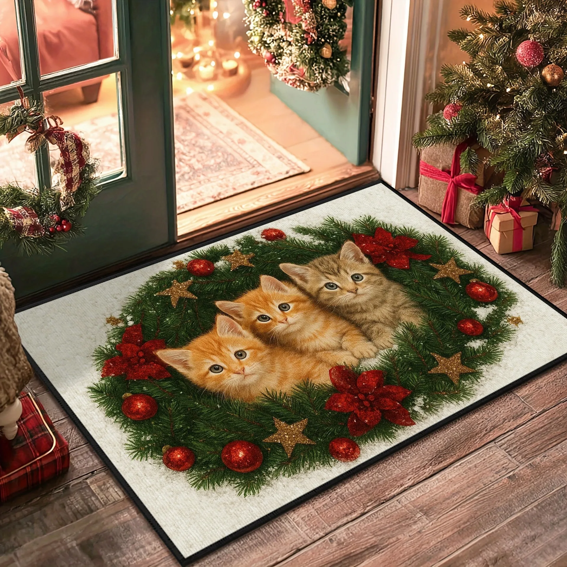 Three Adorable Kittens In Wreath Christmas Doormat Non Slip Entrance Rug For Cat Lover Holiday Home Decor Gift