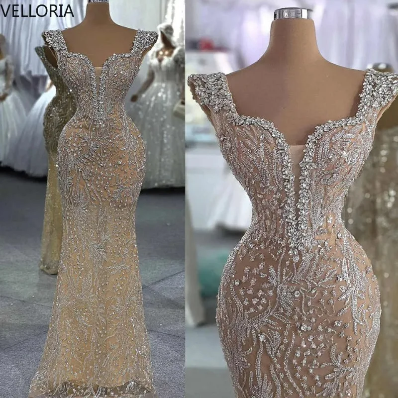 

Sparkling Crystals Mermaid Prom Gowns Sleeveless Floor Length Evening Dresses Beadeds Celebrity Party Dress Customized