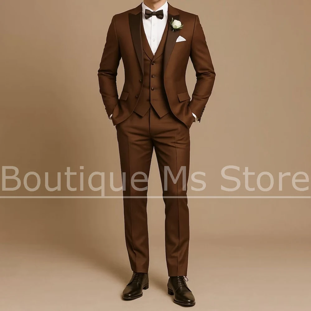 

Coffee Brown Men Three Piece Suit Fashion Satin Peak Lapel Slim Fit Outfit Business Elegant Groom Wedding Party Formal Tuxedo