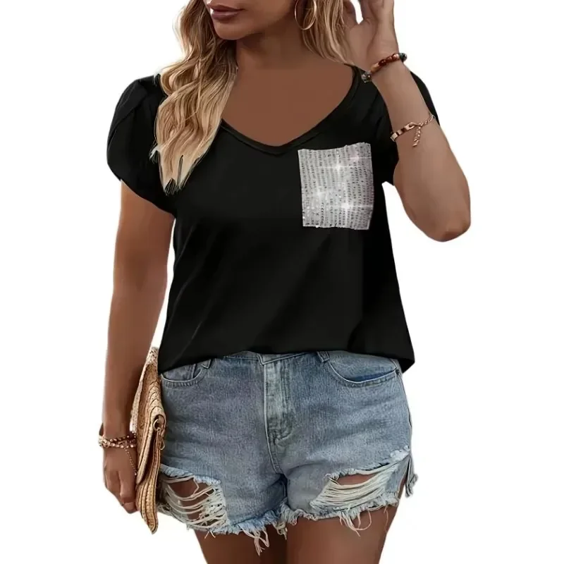 

Плюс размер 1XL-5XL, женская модная майка с v-образным вырезом и рукавами-лепестками, женский топ с контрастными пайетками, повседневная футболка