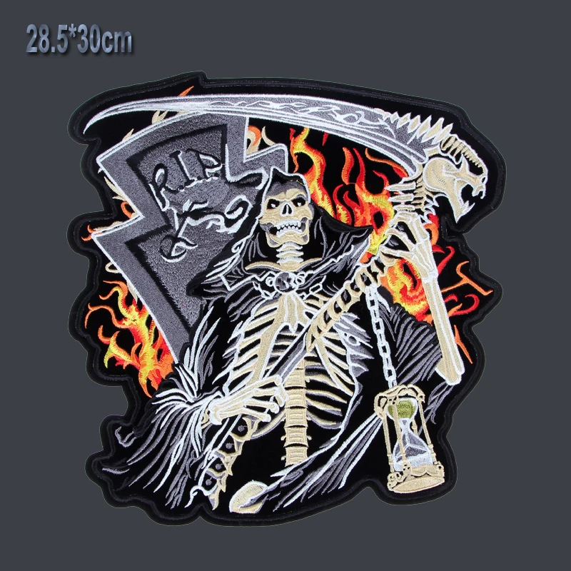 Reaper Skull flame fire 12 inches Embroidery Patches for Jacket back vest Motorcycle Club Biker 30cm *30cm needwork sew on