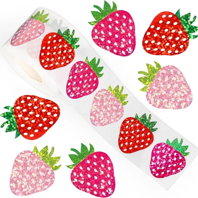 500pcs/roll Glitter Strawberry Stickers Sparkly Decals Self-Adhesive Labels for Scrapbooking Gift Wrapping Party Favors Crafts