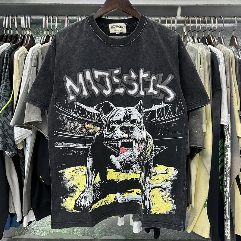 2026 New MAJESTIK Vintage Washed Bulldog Graphic Tee Black Distressed Grunge Streetwear Men Women