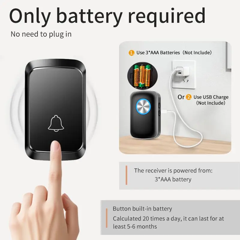 Wireless Door Bell Battery Operated 60 Songs 5 Levels Volume Home Doorbell Easy Install Suitable for home factories, shops, etc.