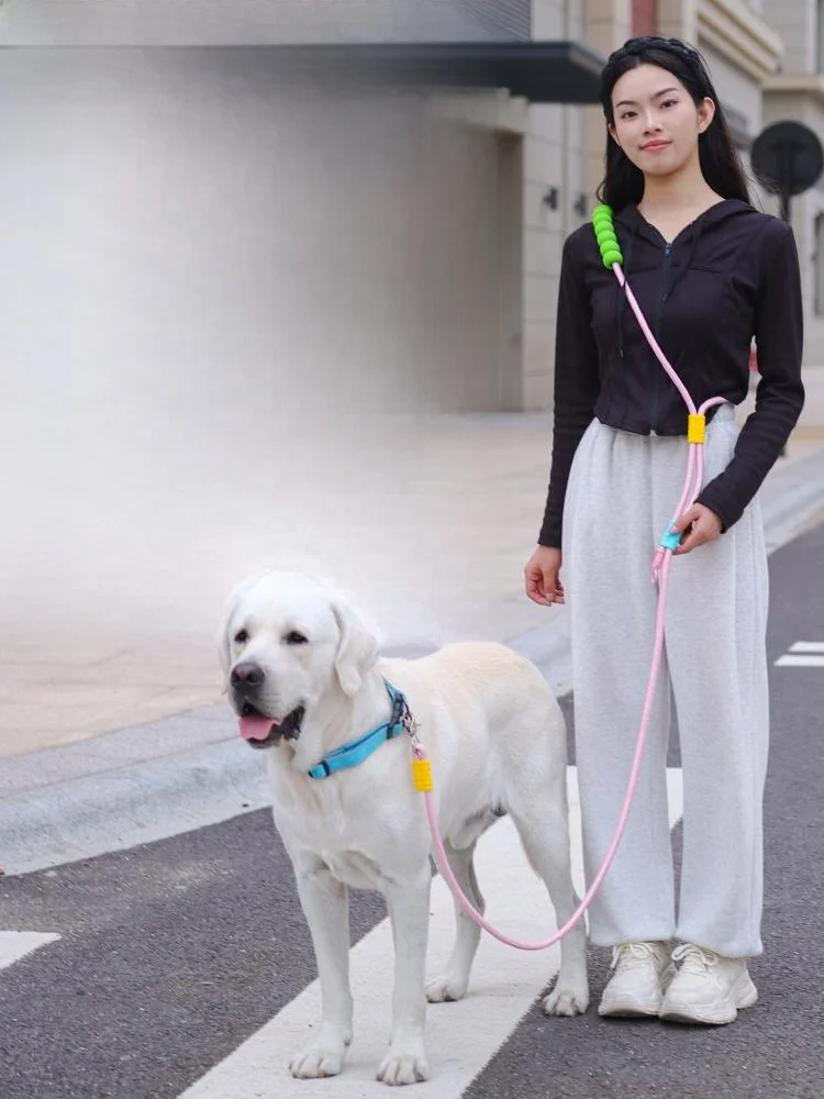 Multi-Functional Dog Leash Large Dog Explosive Resistant Running Rope Crossbody Color Block Dopaamine Neck Rope Poop Bag