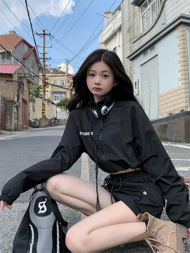 QWEEK Y2K Gorpcore Black Dress Sets Women Techwear Streetwear Two Piece Skirt Set Korean Style Cropped Jacket Harajuku Egirl