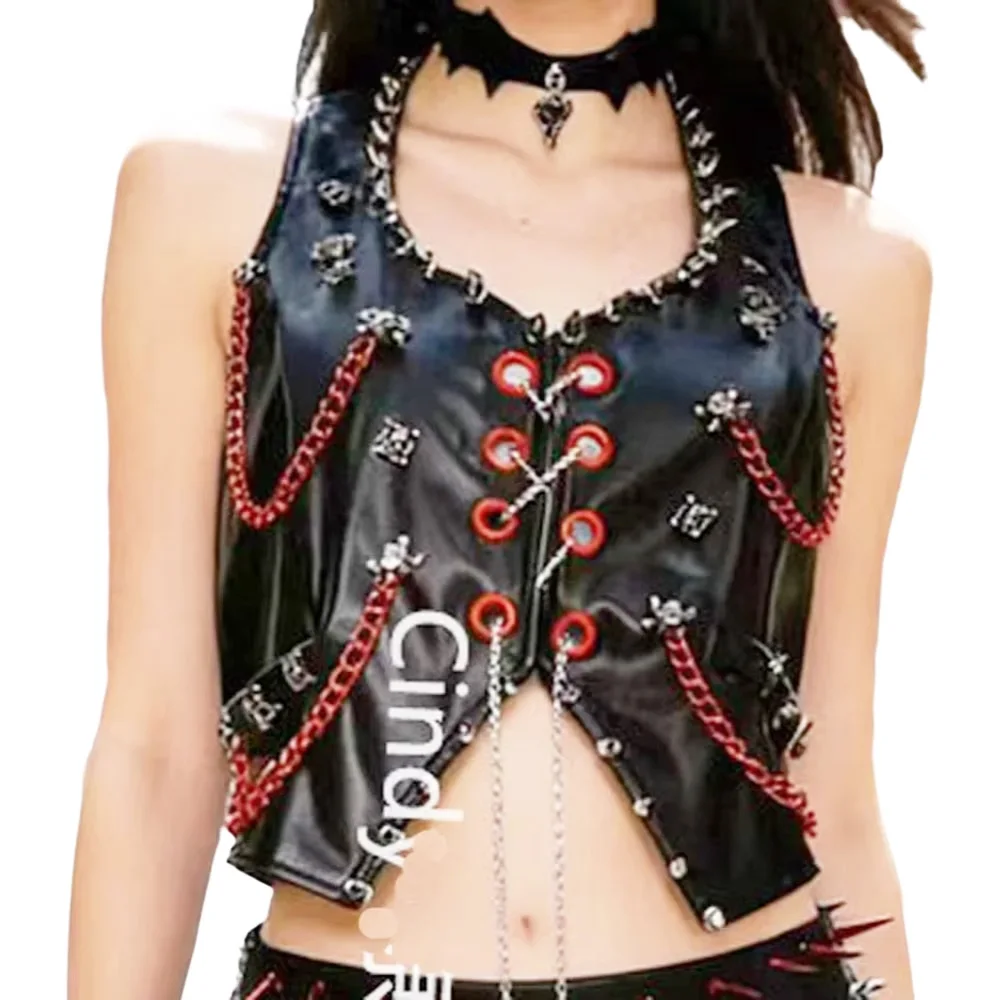 Punk Subculture Spicy girl Sleeveless PU leather rivet chain vest  Punk Gothic motorcycle rivet leather vest top for Women