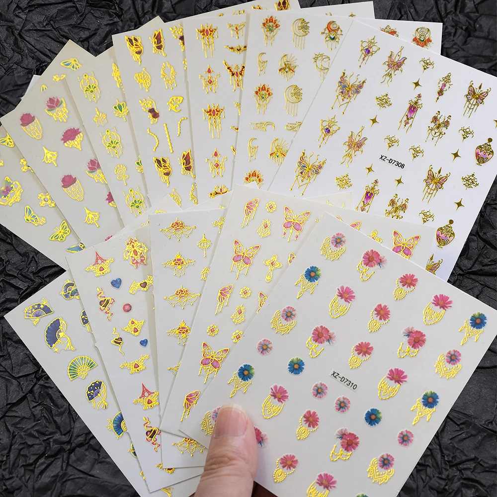 1 stks 5D Bronzing Kwastje Vlinder Nail Art Stickers Retro Lotus, Vouwventilator Zelfklevende Nail Decals Kwasten Charme Manicure Decor 1 &