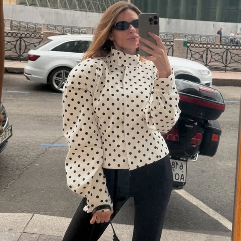 Ticketsx Polka Dots Blazer Women's Stand Collar Long Sleeve Single Breasted Loose Cost Lady Formal Casual Holiday Tailored Coat