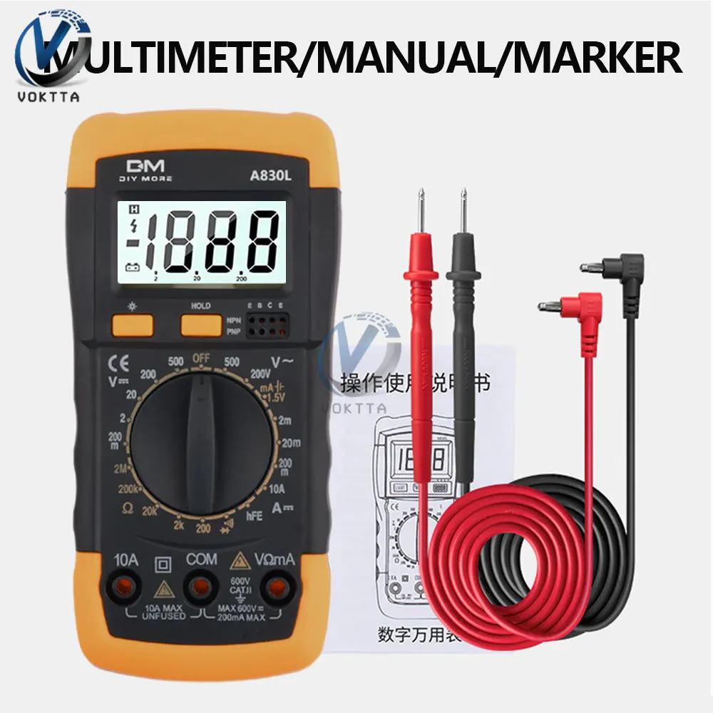 Multímetro Digital Medidor de Tensão Inteligente Amperímetro Tester Diodo Frequência Ohm Transistor Capacitância A830l ac dc