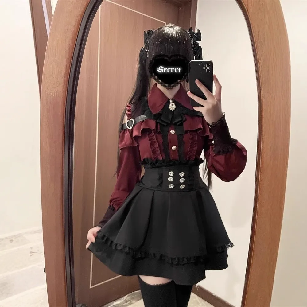 Women's Matching Japanese Style Off Shoulder Short Sleeve Mini Dress Woven High Waist Casual Lolita Jirai Kei 2-Piece Set - view 5