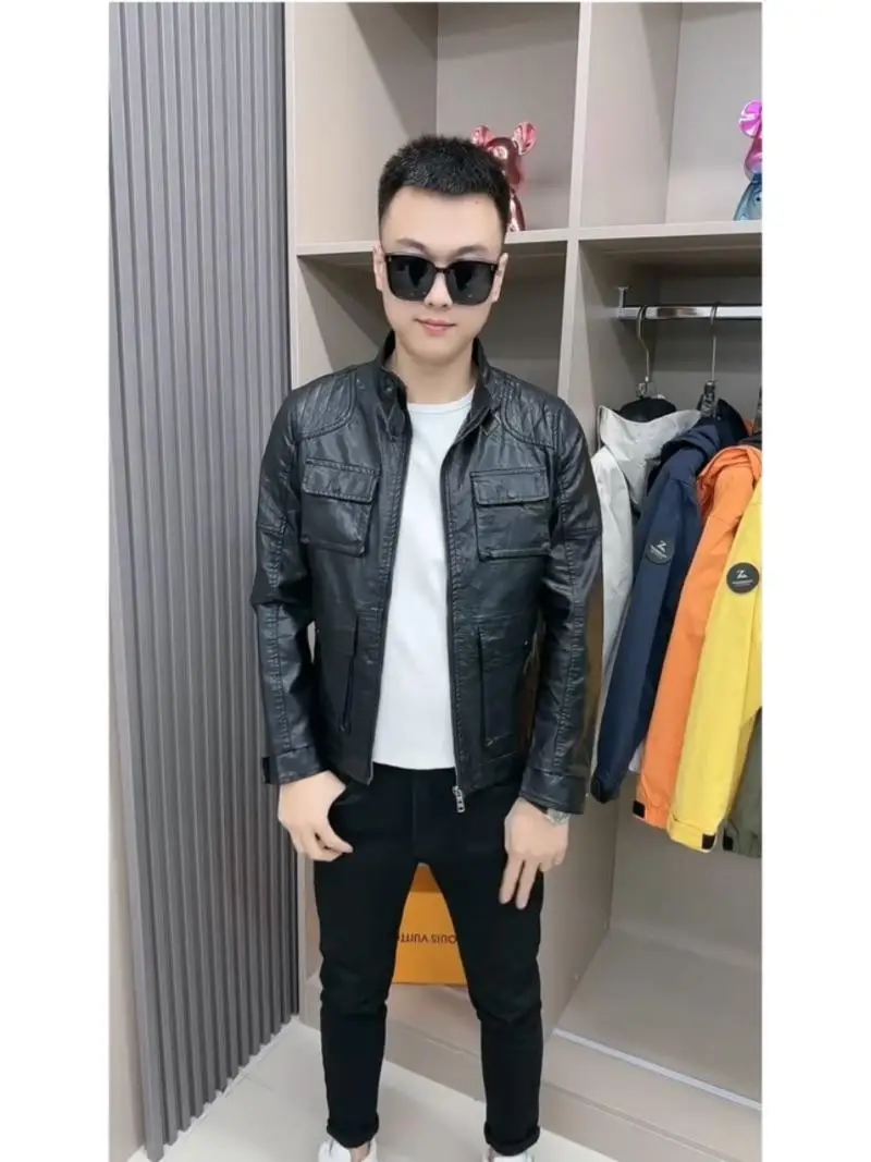 

Весенняя новинка: мужская кожаная куртка класса люкс, модная, универсальная, простая, с воротником-стойкой, приталенная, облегающая.