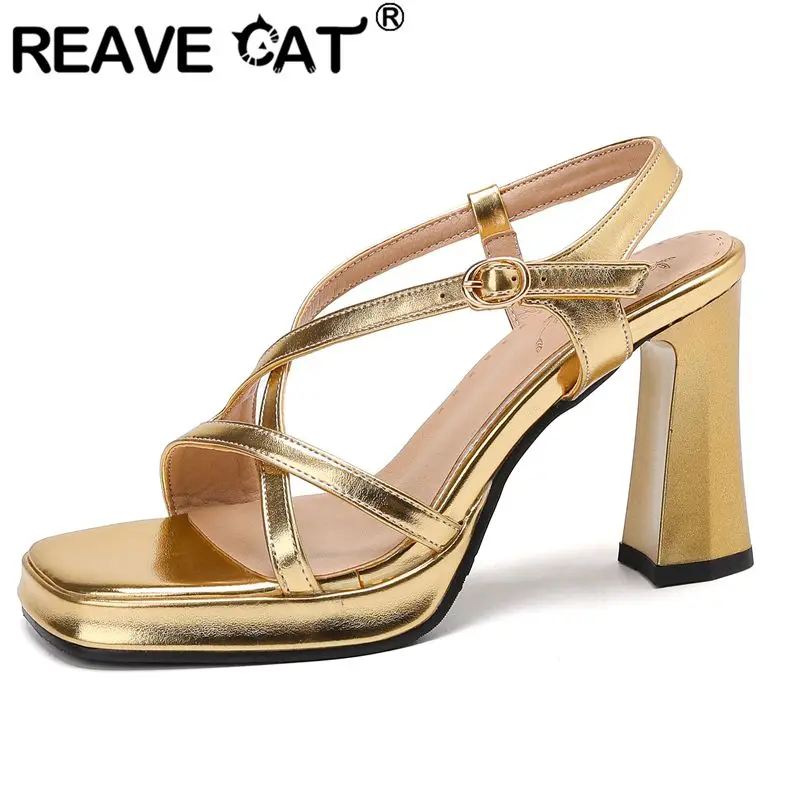 

REAVE CAT 2025 Design Women Sandals Square Toe Block Heels 9cm Platform 2cm Buckle Strap Big Size 44 45 46 Fashion Dating Shoes